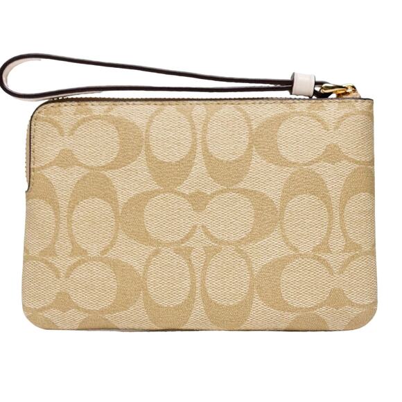 Women's Zip Wristlet COACH Coated Canvas White Cross Grain Leather Tan Signature - Picture 2 of 4